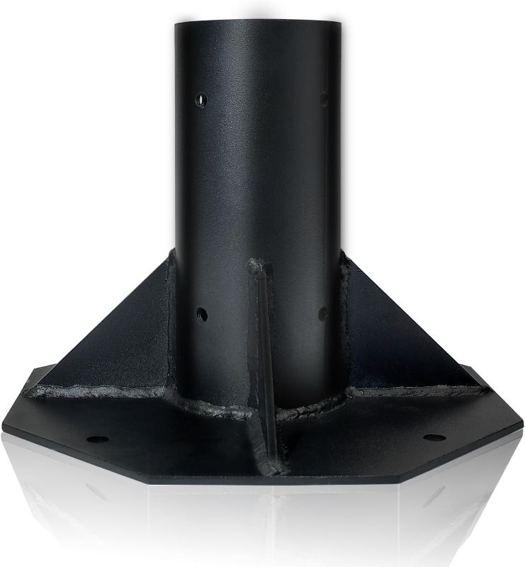 Photo 1 of Outdoor Light Post Base for 3 inch Surface Mount Post, Heavy Duty Metal Flange Anchor Base, Black Pier Mount Adapter with Accessories, Used for Patio Outside Deck Yard Home Lawn (10-inch mount base)
