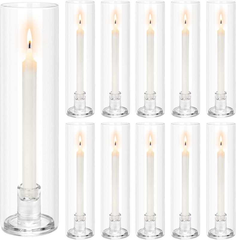 Photo 1 of Hurricane Glass Candle Holders: 10 Pcs Candlestick Holder for Taper Candles with Cylinder Covers 11.8 inch Tall Windproof Clear Candlesticks Holder Stand for Wedding Party Christmas Home Decor
