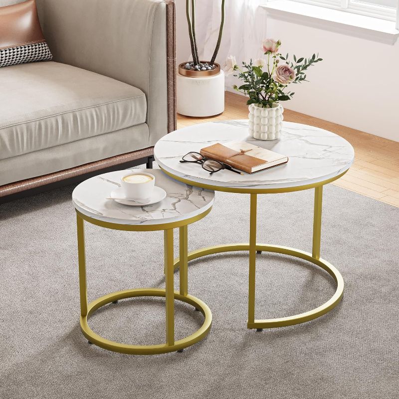 Photo 1 of Smuxee White Nesting Coffee Table Set of 2, 23.6“ Round Coffee Table Wooden Marble Pattern with Adjustable Non-Slip Feet, Industrial End Table for Living Room Bedroom Balcony Gold
