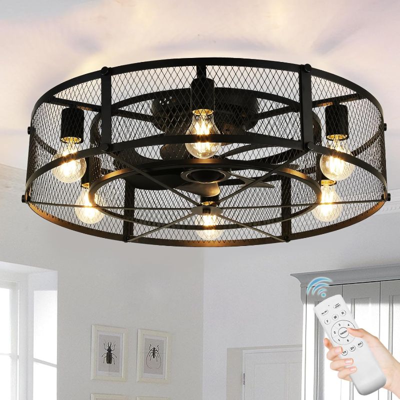 Photo 1 of 25.6'' Black Flush Mount Ceiling Fans with Light Low Profile Farmhouse Caged Ceiling Fan with Remote Bladeless Enclosed Rustic Ceiling Fans for Indoor E26 Bulbs (KD Installed)
