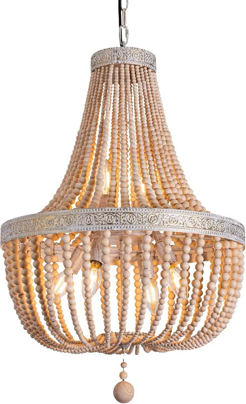 Photo 1 of 6-Lights Farmhouse Boho Wood Bead Chandelier,Modern Natural Wooden Beaded Pendant Light Fixture,E12 Adjustable Pendant Lighting for Dining Room Living Room Bedroom

