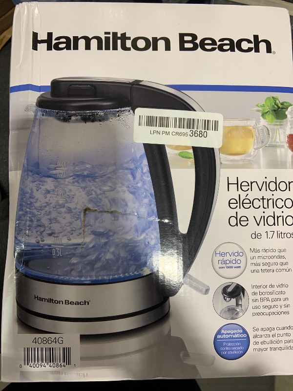 Photo 2 of Hamilton Beach Glass Electric Tea Kettle, Water Boiler & Heater, 1.7 L, Cordless, LED Indicator, Built-in Mesh Filter, Auto-Shutoff & Boil-Dry