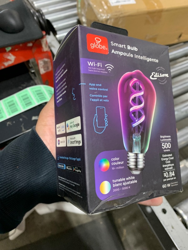 Photo 2 of Globe Electric 35847 Wi-Fi Smart 7 W (60 W Equivalent) Spiral Filament Multicolor Changing RGB Tunable White Clear LED Light Bulb, No Hub Required, Voice Activated, 2000K - 5000K, Vintage Edison