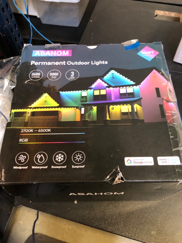 Photo 1 of ASAHOM Permanent Outdoor Lights for House, 100ft with 60 RGBCW LED Smart Eave Lights, 3600lm Super Bright, IP67 Waterproof, 100 Scenes Modes for Halloween Christmas Party Daily Lighting, Black