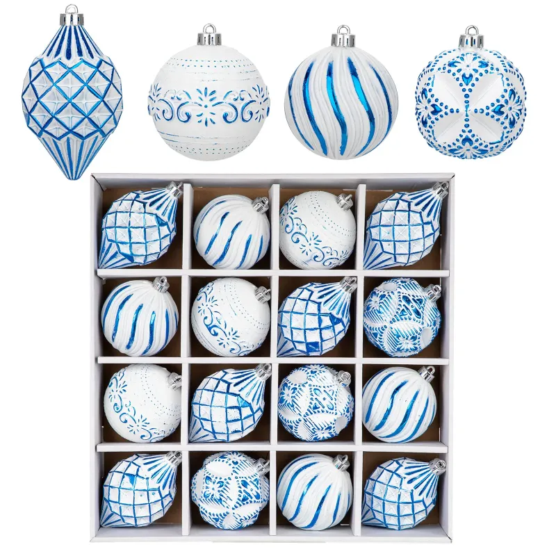 Photo 1 of 16PCS Shatterproof Christmas Ball Ornaments Set, Hand-Painted Holiday Decor with Assorted Sizes & Designs for Christmas Tree Thanksgiving Party Decoration, Blue-White