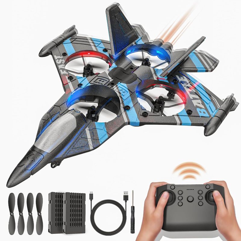 Photo 1 of BEZGAR Drones for Kids | 2.4GHZ RC Plane, 6-axis Gyro Remote Control Airplane, RC Helicopter, 360° Flip Fighter Jet Toy, Toys for ages 8-13 with Colorful LED Navigation Lights Blue
