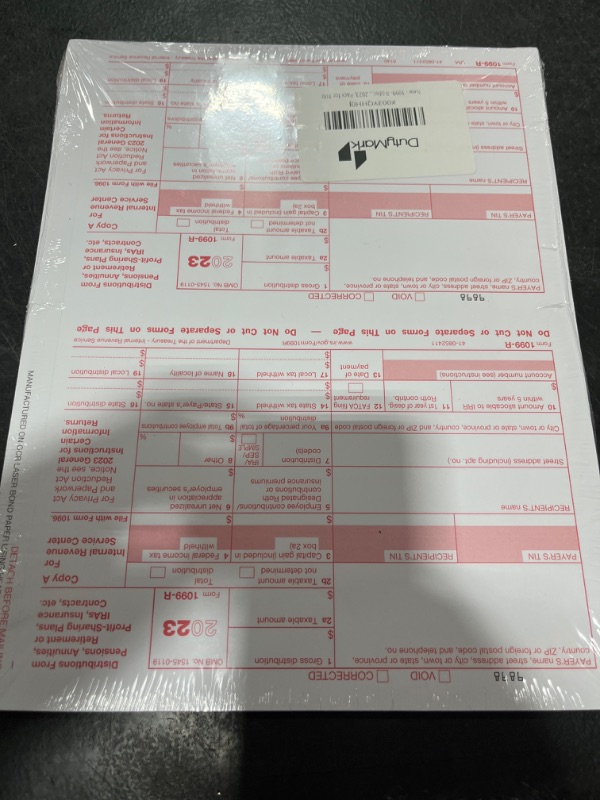 Photo 2 of 1099- R (distributions) Laser Tax Forms, Federal Copy A 2024, Pack for 25