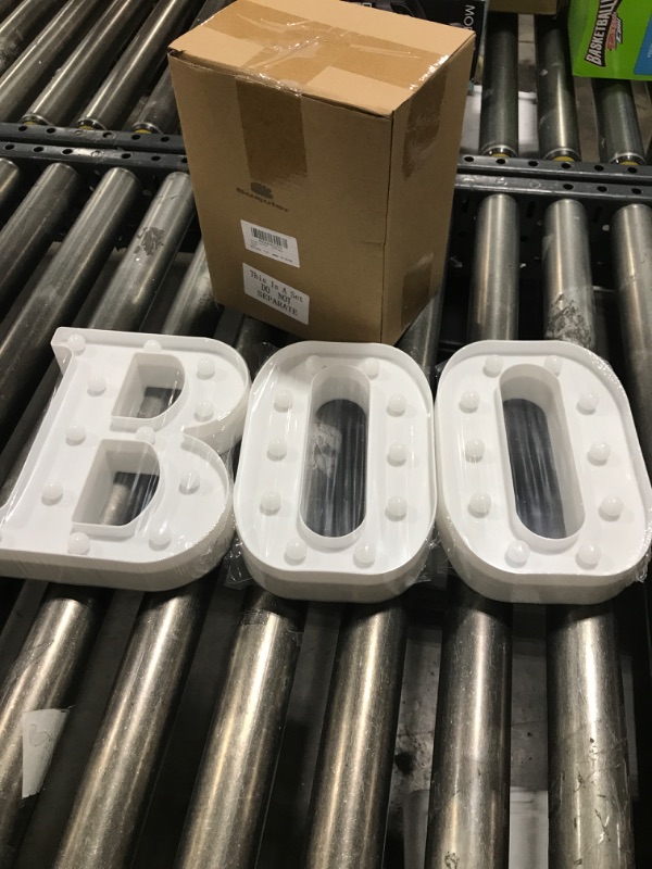 Photo 2 of Baquler Halloween Decorations LED “Boo” Light up Letters Halloween LED Boo Sign Marquee Light up Letters “Boo” 3 LED Marquee Light up Letters for Home Indoor Outdoor Table Decor(White)