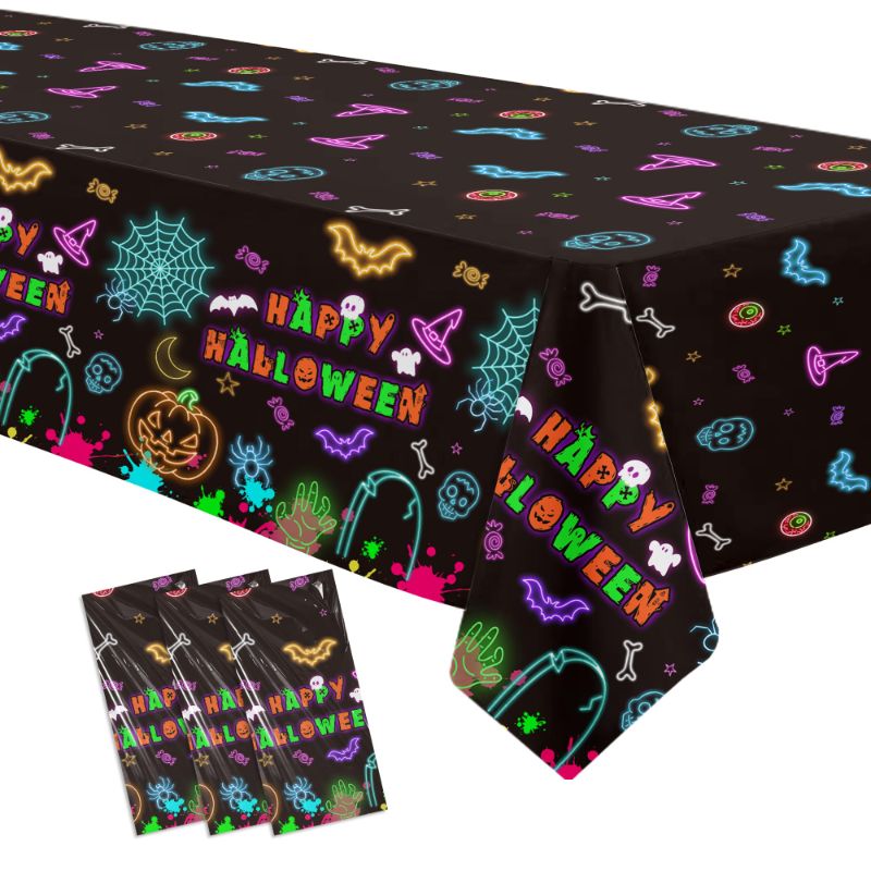 Photo 1 of Aribra Neon Halloween Decorations Tablecloths, Glow Happy Halloween Table Covers, 3 Pack (108 x 54 Inch)