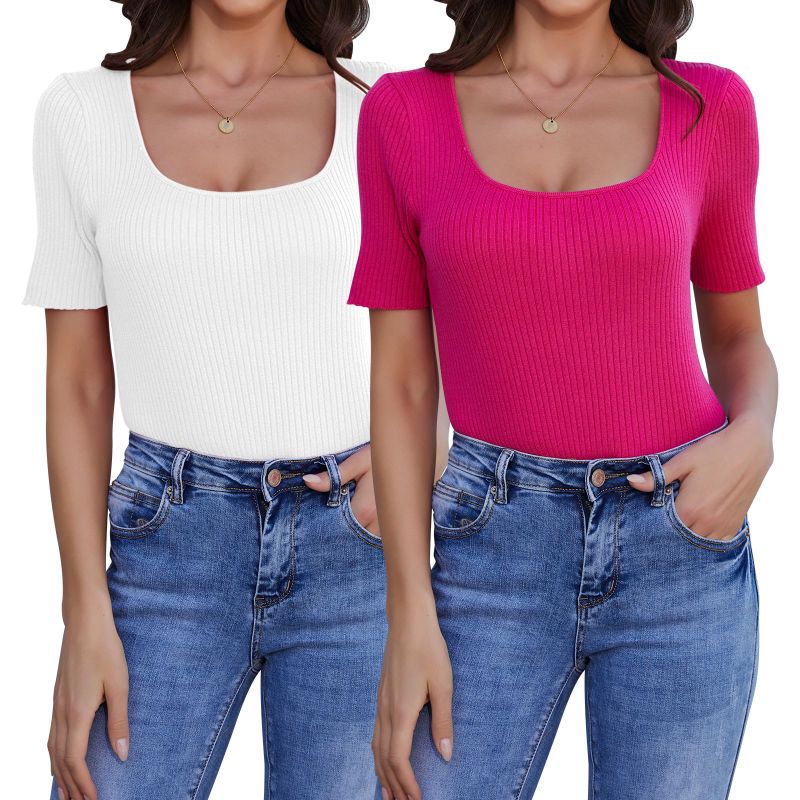 Photo 1 of Donnalla 2 Pack Square Neck Tops for Women Trendy Slim Fit Short Sleeve Shirts, Medium