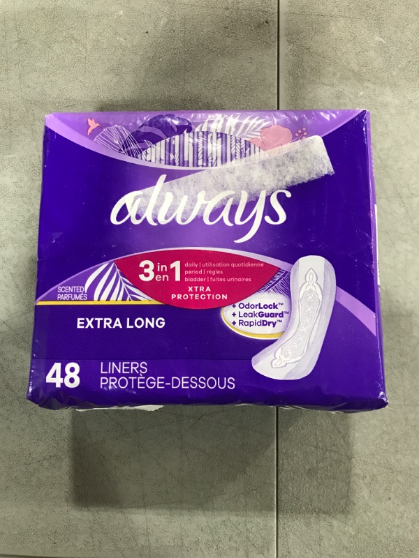 Photo 2 of Always 3-in-1 Xtra Protection, Daily Liners for Women, Extra Long, with Leakguard + Rapid Dry, Deodorizing, 48 Count