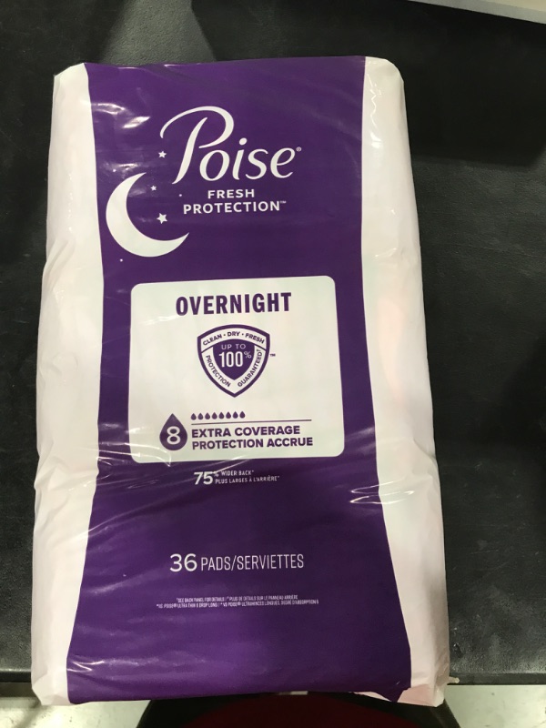 Photo 1 of 2 packs of - Poise Overnight Incontinence Pads for Women, 8 Drop Extra Coverage, 36 Count