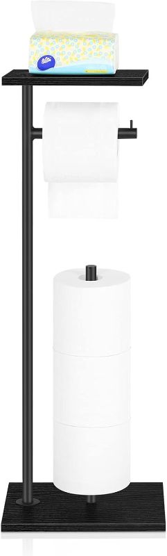 Photo 1 of Black Toilet Paper Holder Stand Free Standing Toilet Paper Holder with Shelf Toilet Paper Storage Holder with Reserve for Bathroom Holds Wipe, Mobile Phone, Mega Rolls