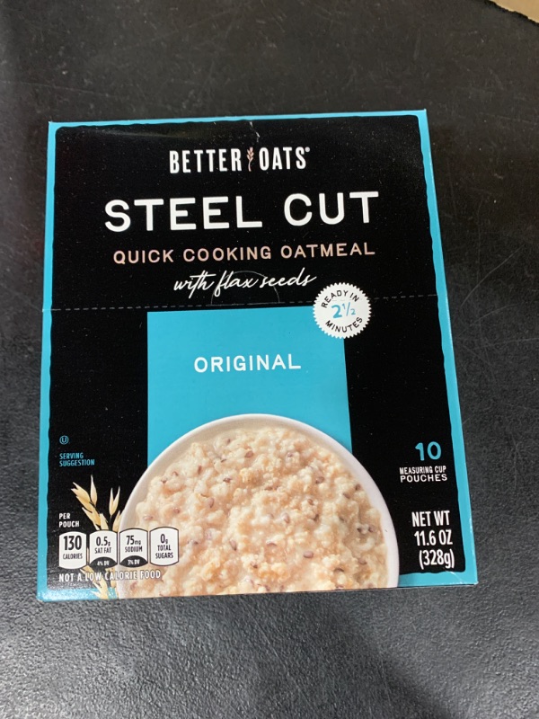 Photo 1 of Better Oats Original Steel Cut Oatmeal Packets, Instant Oatmeal Packets with Steel Cut Oats and Flax Seeds, Quick Oatmeal Pouches Ready in 2.5 Minutes, Original Flavor, Pack of 10, 11.6 OZ Pack BB 07.10.25
