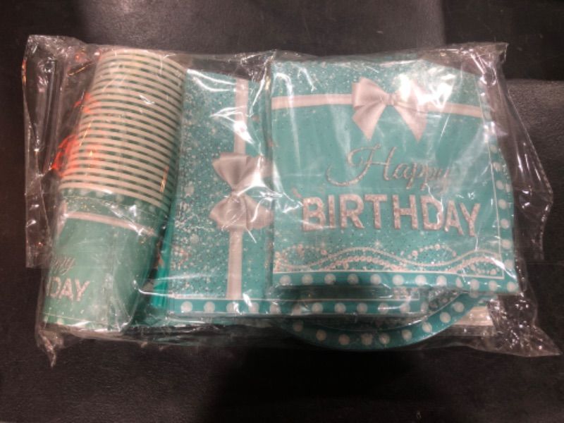 Photo 2 of Teal and Sliver Party Supplies,142pcs Teal Blue Party Tableware Set Include Teal Plates Cups Glitter Happy Birthday Banner for Sweet 13th 16th 18th 21st Birthday Party Decoration