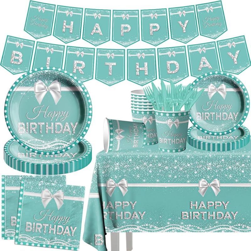 Photo 1 of Teal and Sliver Party Supplies,142pcs Teal Blue Party Tableware Set Include Teal Plates Cups Glitter Happy Birthday Banner for Sweet 13th 16th 18th 21st Birthday Party Decoration