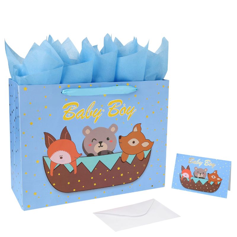 Photo 1 of 15.7” Extra Large Gift Bag Set with Greeting Card and Blue Tissue Paper(Gold Foil ‘Baby Boy’) for Children's Day,Christmas,Baby Shower,Newborn,New Moms or Parents,Kids Birthday Party-15.7” x 11.8” x 6”,1 Pcs.