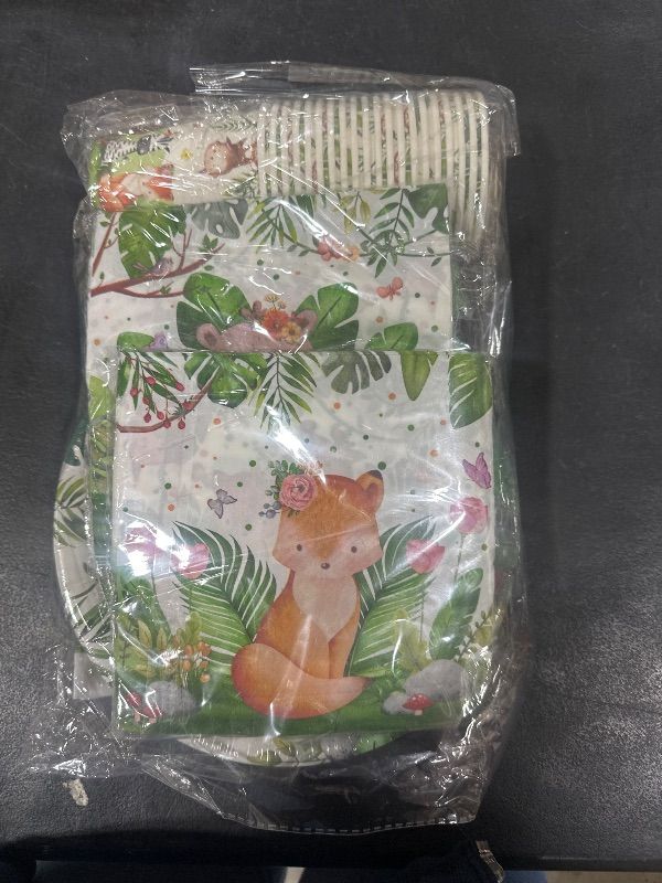 Photo 1 of 142Pcs Safari Jungle Birthday Decorations for Boy Safari Animal Theme Tableware Sage Green Baby Shower Party Supplies Disposable Plates,Napkins,Banner,Tablecloth,Cups,Forks and Knives