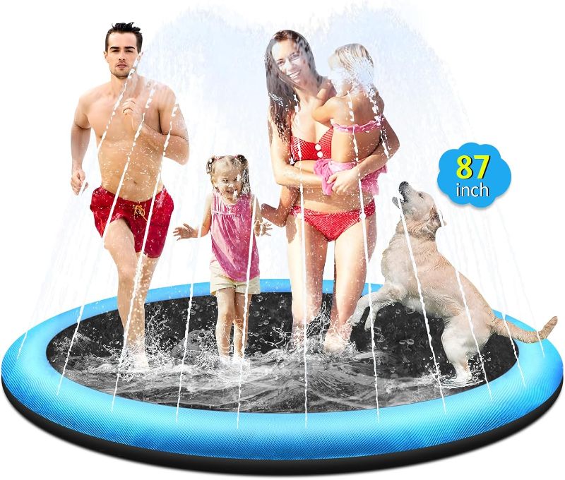 Photo 1 of 87" Non-Slip Splash Pad for Kids and Dog, Thicken Sprinkler Pool Summer Outdoor Water Toys, Extra Large Backyard Wading Pool for Children Boys & Girls or Pet Dog (Blue)
