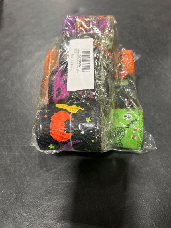 Photo 1 of 10 Rolls Halloween Ribbon Wired 2.5 Inch 50 Yards Witch Hat Spooky Pumpkin Skull Bat Spider Web Gift Wrap Ribbon Halloween Wired Craft Ribbon for Bow Wreath Craft Supplies Party Decoration