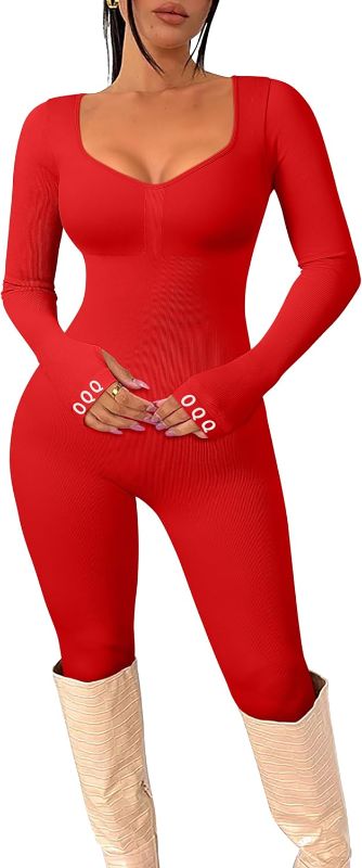 Photo 1 of OQQ Women‘s Yoga Jumpsuits Workout Ribbed Long Sleeve Tops Padded Sports Bra Exercise Jumpsuits Red SIZE S