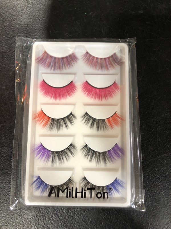 Photo 2 of AMilHiTon Halloween Lashes Colored Eyelashes, 5 Pairs Colorful Eyelashes Faux Mink Blue Pink Red Purple Black for Costumes Parties Festivals Cosplay?8233 Mixed?