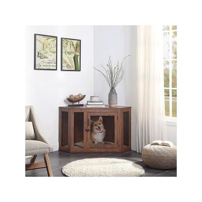 Photo 1 of unipaws Furniture Style Corner Dog Crate for Small Medium Dogs, Indoor Aesthetic Puppy Kennel TV Stand, Modern Decorative Wood Pet House Dog Cage, Pretty Cute End Side Table Nightstand, Walnut 43.9L × 23.6W × 26.3H in