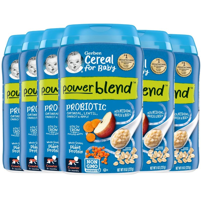 Photo 1 of  Gerber Cereal for Baby Power Blend 3rd Foods Probiotic Oatmeal Baby Cereal, Lentil Carrot Apple, 8 oz Canister (6 Pack) BEST BY 31 DEC 2024