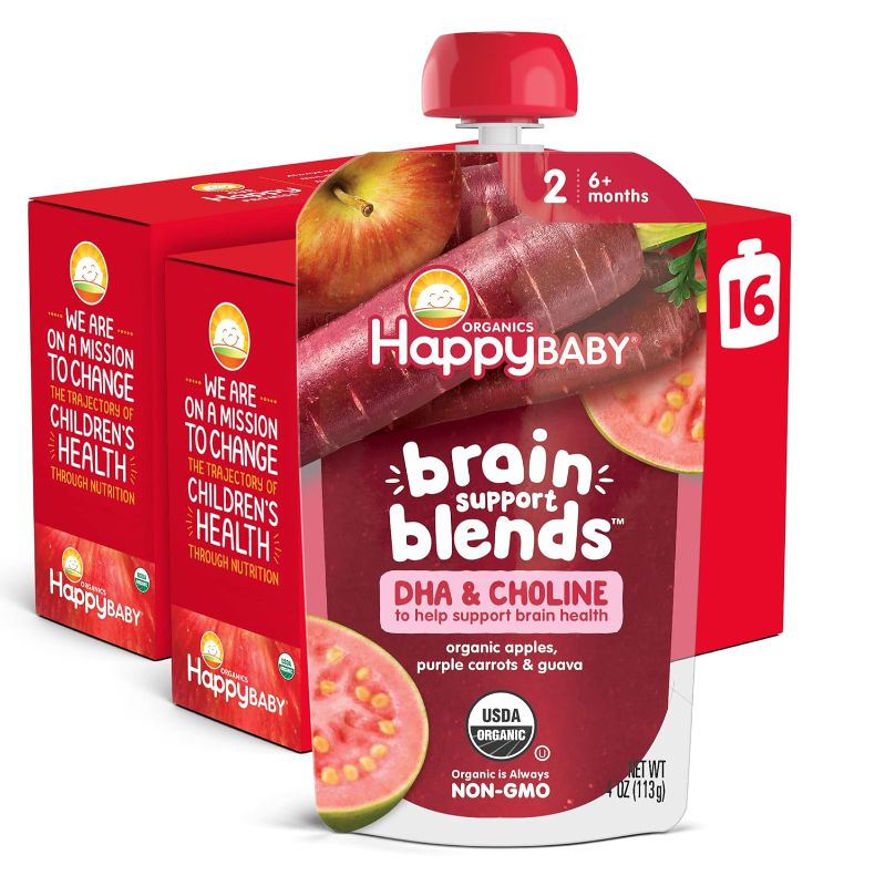 Photo 1 of  Happy Baby Organics Brain Support Blends Apples, Purple Carrots & Guava with DHA and Choline 4oz Pouch (Pack of 16) BEST BY 19 NOV 2024