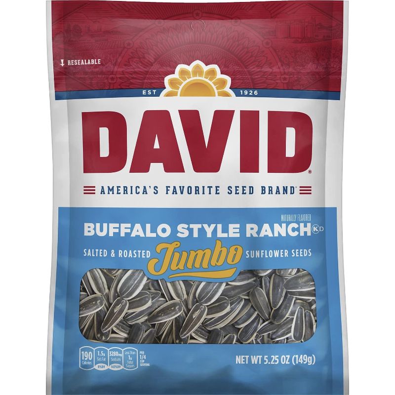 Photo 1 of  DAVID Seeds Buffalo Style Ranch Flavored Salted and Roasted Jumbo Sunflower Seeds, Keto Friendly Snack, 5.25 OZ Bags, 12 Pack BEST BY 10 NOV 2024