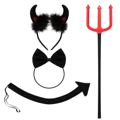 Photo 1 of Spooktacular Creations 4 Pcs Halloween Devil Costume Set Demon Costume with Black Devil Horn Headband, Devil Pitchfork, Bow Tie, and Tail 