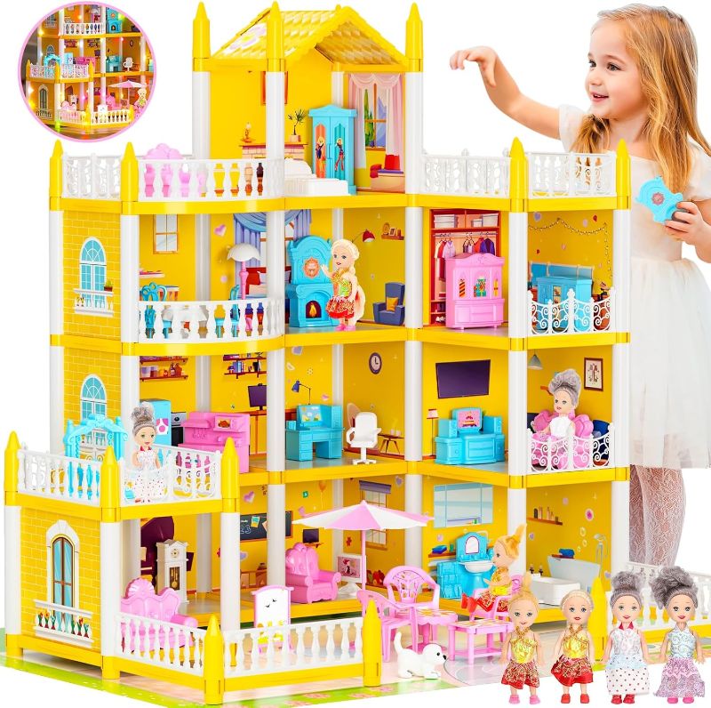 Photo 1 of 4 Stories Dollhouse for Girls, DIY Doll House Accessories Playhouse with Furniture and 11 Rooms, Pretend Play House with Lights for Kids, Portable Building Dolls Playset Toys Kit Gift for Ages 6+ 