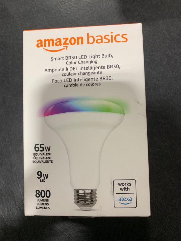 Photo 2 of Amazon Basics Smart BR30 LED Light Bulb, Color Changing, 60W Equivalent, 800LM, Works with Alexa Only, 2.4 GHz Wi-Fi, No Hub Required, 1-Pack