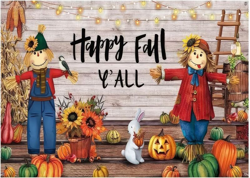 Photo 1 of WOLADA Fall Backdrop Fall Festival Backdrop Fall Thanksgiving Party Backdrop Autumn Wooden Scarecrow Backdrop 7x5FT FW61 