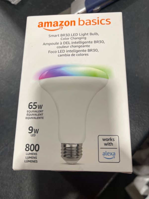 Photo 2 of Amazon Basics Smart BR30 LED Light Bulb, Color Changing, 60W Equivalent, 800LM, Works with Alexa Only, 2.4 GHz Wi-Fi, No Hub Required, 1-Pack