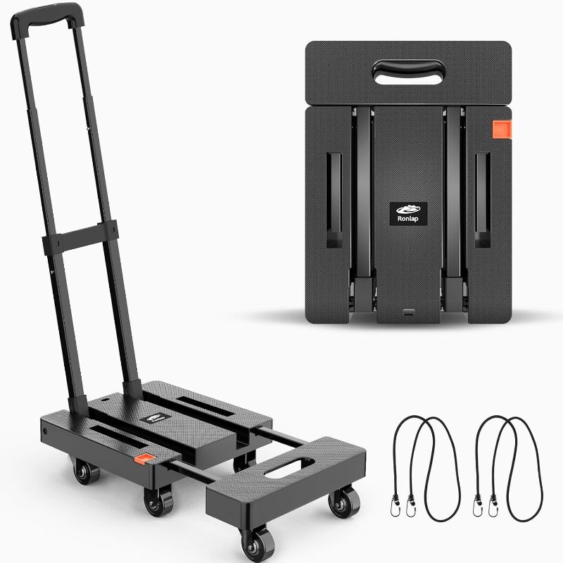 Photo 1 of  Ronlap Folding Hand Truck, Foldable Dolly Cart for Moving 500lbs Heavy Duty Luggage Cart Portable Platform Cart Collapsible Dolly with 6 Wheels & 2 Ropes for Travel House Office Moving, Black 