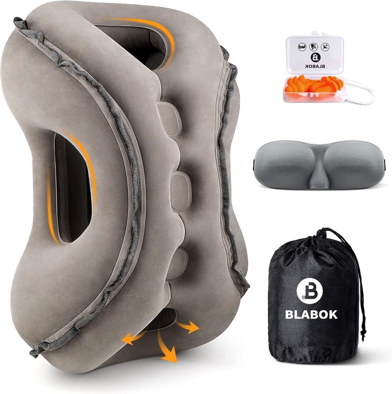 Photo 1 of  Inflatable Travel Pillow,Multifunction Travel Neck Pillow for Airplane to Avoid Neck and Shoulder Pain,Support Head,Neck,Used for Sleeping Rest, Airplane and Home Use,with Eye Mask, Earplugs,Gray 