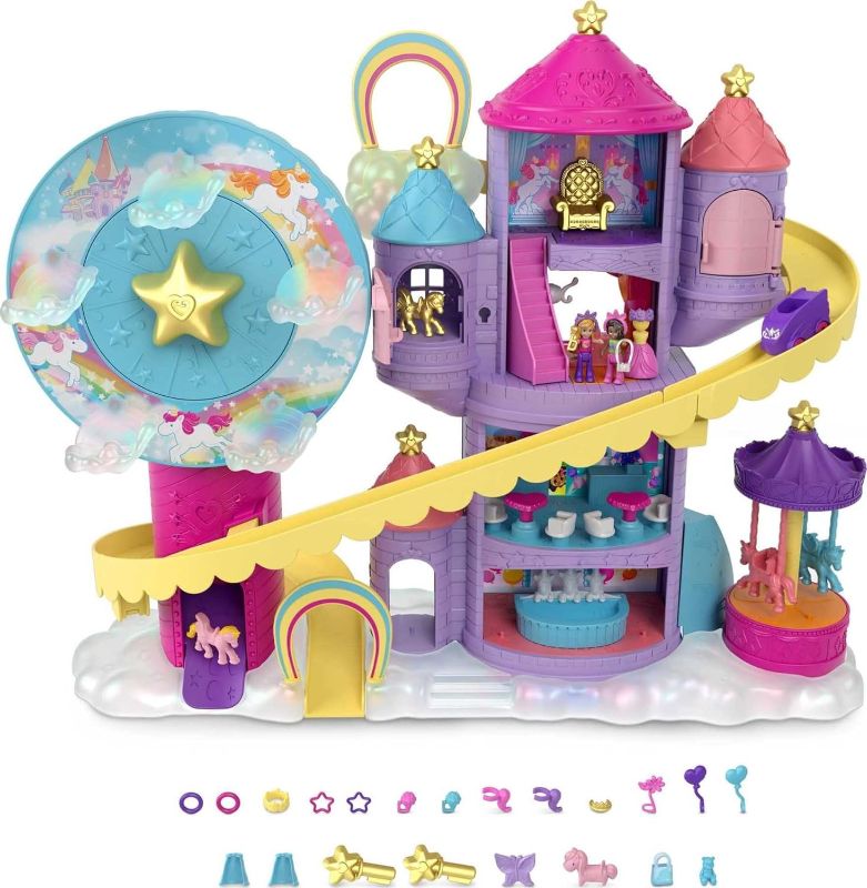 Photo 1 of  Polly Pocket ? Rainbow Funland Theme Park, 3 Rides, 7 Play Areas, Polly and Shani Dolls, 2 Unicorns & 25 Surprise Accessories (30 Total Play Pieces), Dispensing Feature for Surprises 