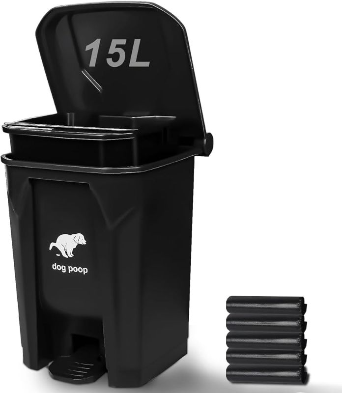 Photo 1 of  Dog Poop Trash Can Outside, Fully Assembled Dog Waste Trash Can with Lid, Pedal and Removable Inner Waste Bin, Outdoor Dog Poop Trash Can with 100 Bags, Dog Waste Container for Garden, Black 