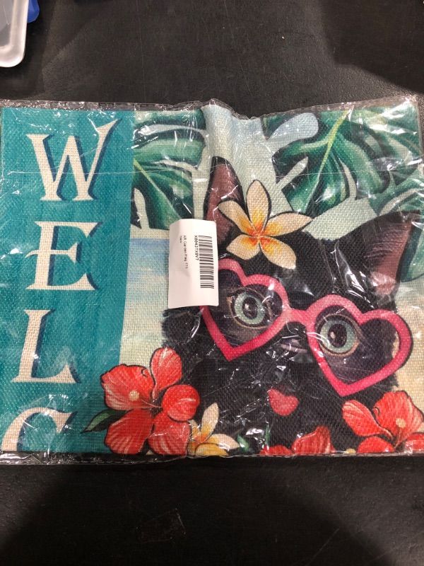 Photo 2 of Artofy Welcome Summer Black Cat Small Decorative Garden Flag, Pet Beach Coastal Hibiscus Flower Yard Lawn Outside Decor Cat Lover Gifts, Hawaii Nautical Outdoor Home Decoration Double Sided 12 x 18