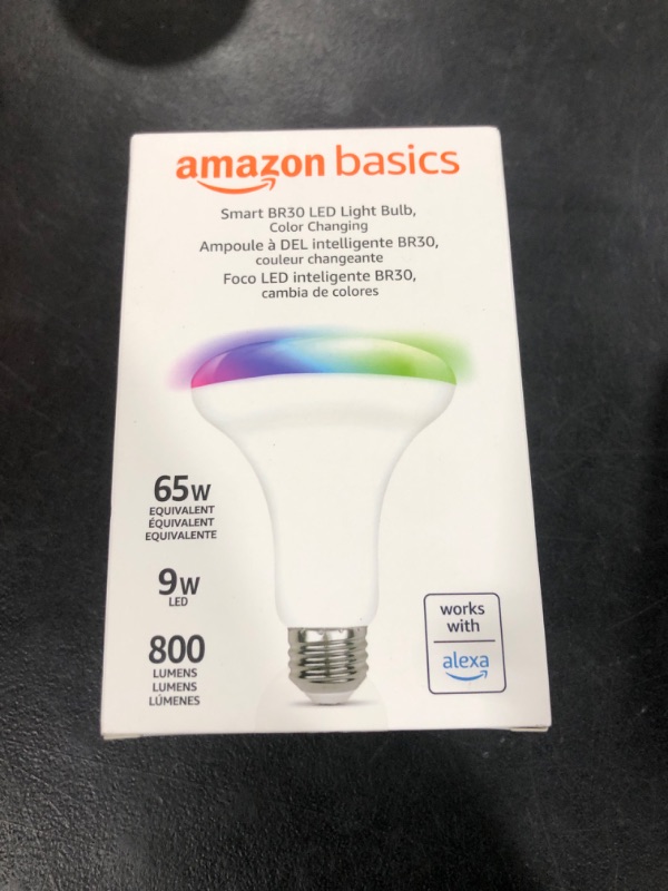 Photo 2 of Amazon Basics Smart BR30 LED Light Bulb, Color Changing, 60W Equivalent, 800LM, Works with Alexa Only, 2.4 GHz Wi-Fi, No Hub Required, 1-Pack