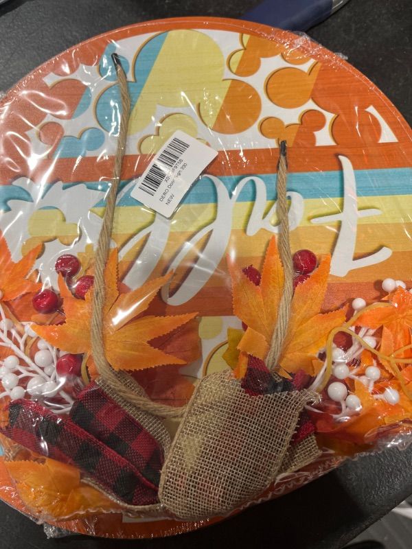 Photo 1 of Deroro Fall Cartoon Mouse Front Door Sign, Orange Autumn Maple Leaves Stripes Wood Door Hanger Outdoor Outside Porch Decor, Wooden Wreath with Plaid Bow Indoor Wall Hanging Decoration