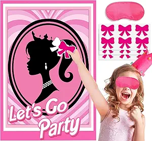 Photo 1 of Tatuo 35 Pcs Pink Girls Birthday Party Decorations Pin The Bow on The Princess Head Pin Bow Party Game Large Poster with Bow Stickers Princess Party Game for Happy Birthday Carnival Party Supplies