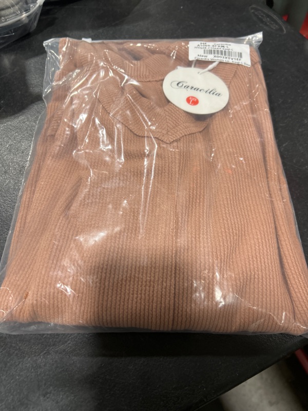 Photo 1 of Caracilia Womens Oversized Off The Shoulder Tops Long Sleeve Waffle V Neck Shirt Knit Pullover Sweaters 2024 Fall Clothes Deep Apricot Large