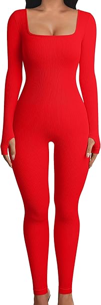 Photo 1 of OQQ Women‘s Yoga Jumpsuits Workout Ribbed Long Sleeve Tops Padded Sports Bra Exercise Jumpsuits Red S