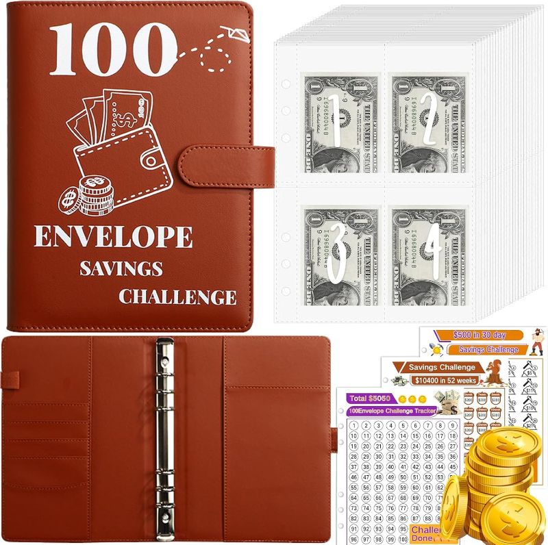 Photo 1 of 100 Envelopes Money Saving Challenge Binder, 2024 New A5 Budget Binder with Cash Envelopes, 6 Rings Savings Challenges Book, Laminated Budgeting Planning Tracker to Save $5050,10,400, 500 Brown