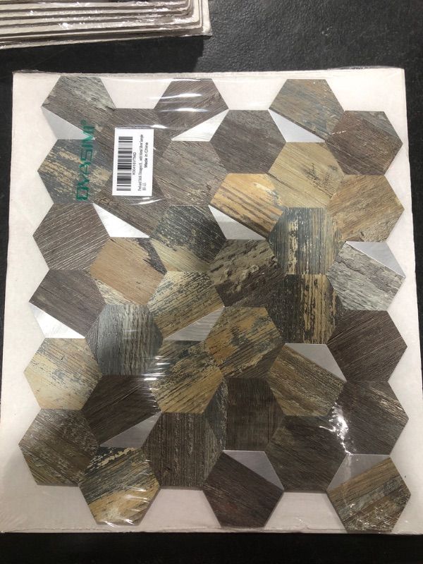 Photo 2 of Hexagon Peel and Stick Backsplash Tile,Ecru Rustic Wood with Metal Silver 3D PVC Wall Tiles Stick on Backsplash for Kitchen and Bathroom Sample