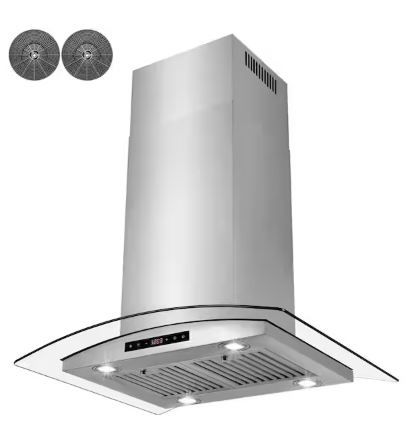 Photo 1 of 36 in. 343 CFM Convertible Island Mount Range Hood with Tempered Glass and Carbon Filters in Stainless Steel