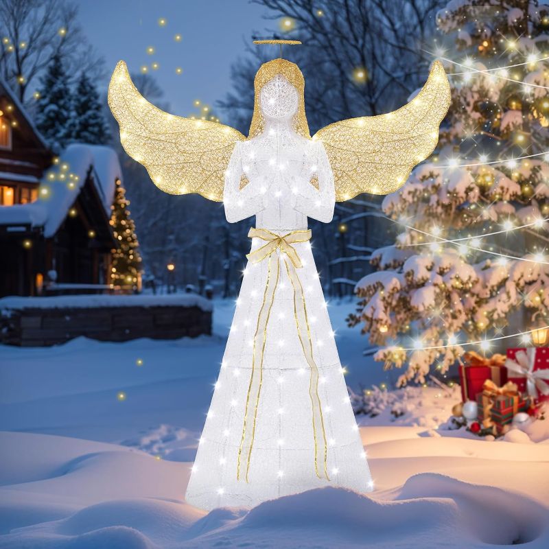 Photo 1 of Shintenchi 5FT Lighted Christmas Angel, Outdoor Christmas Holiday Decoration, Pre-lit 3D Glittered Angel with 110 2 Color LED Lights and Ground Stakes, Zip Ties
