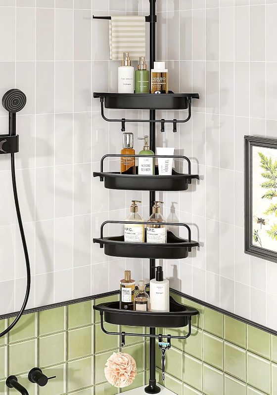 Photo 1 of ALLZONE Rustproof Shower Caddy Corner for Bathroom,Bathtub Storage Organizer for Shampoo Accessories,4-Tier Adjustable Shelves with Tension Pole, 39.2 to 113 Inch, Black
